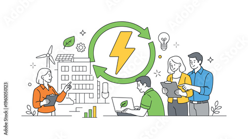 An eco-conscious business context where teams implement energy-efficient systems to optimize resource use and reduce operational costs, represented by a small group engaging with a