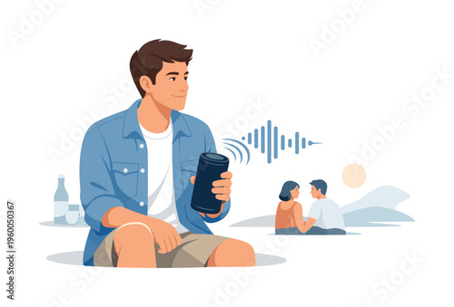 Wireless audio technology concept illustrating an individual using a portable speaker to enhance social or personal moments with high-quality sound in a minimal environment, with a