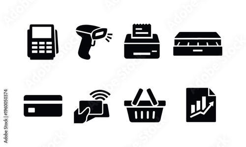 Point of sale system: pos terminal, barcode scanner, receipt printer, cash drawer, credit card, contactless payment, shopping basket, sales report