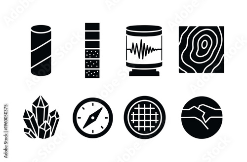 Geological field research: rock core sample cylinder, stratigraphic layer column, seismograph waveform drum, topographic contour map tile, mineral crystal cluster, field compass