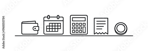 Simple budgeting overview and monthly expense awareness for maintaining control over spending and improving financial habits, wallet, calendar page, calculator, receipt, and coin