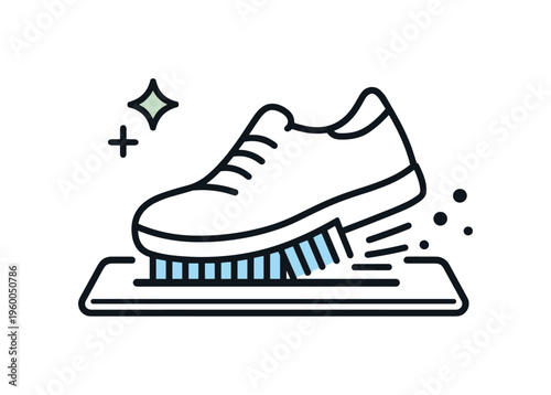 Maintaining shoe sole cleanliness before entering indoor spaces focusing on hygiene and everyday awareness, a shoe brushing against a small edge mat removing minimal particles