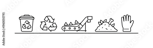 Farm waste sorting and recycling management for efficient material separation and sustainable agricultural operations, waste bin, recycling symbol, sorting conveyor, organic pile