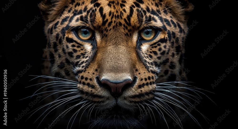 Obraz premium Detailed close up shot of a leopard face with dark backdrop