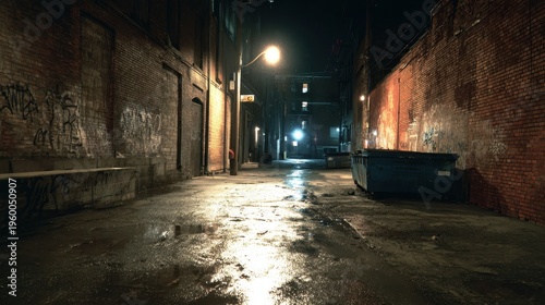 Lonely urban alley in a vibrant downtown: graffiti, trash cans, and the hush of night