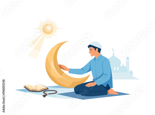 Ramadan cultural and spiritual awareness scenario showing an individual embracing meaningful practices and mindful habits during the holy month, with a character interacting with a