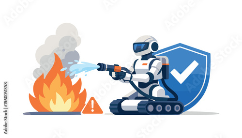 Disaster management and robotics concept illustrating an automated firefighting robot operating in a dangerous environment to contain fire and reduce risk for human teams, with a