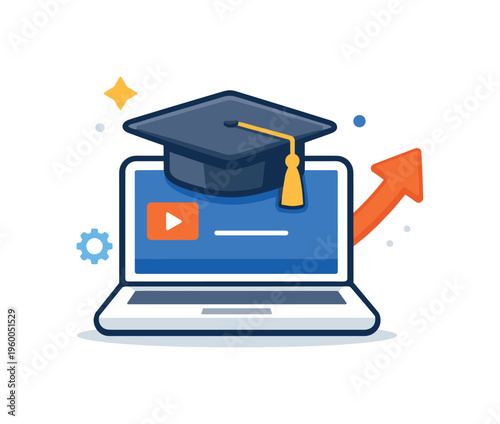 Online course learning and knowledge development focused on gaining new skills and advancing career opportunities through digital education, a laptop combined with a graduation cap