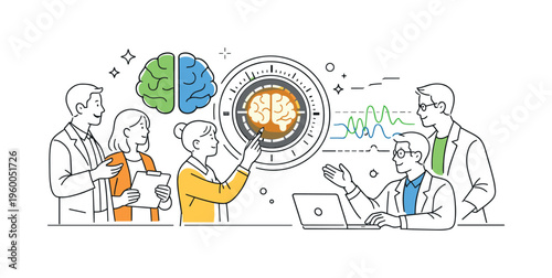 A neuroscience and data analysis concept focused on understanding human cognition through brain scanning, showing a group of professionals collaborating and interpreting results