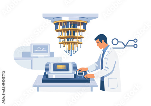 Advanced technology development scene showing a scientist working with quantum hardware to build next-generation computing systems in a controlled research environment, with a