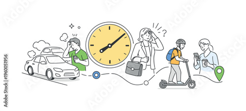 A transportation and daily commute concept illustrating traffic jam situations affecting productivity and schedules, showing individuals experiencing delays and seeking