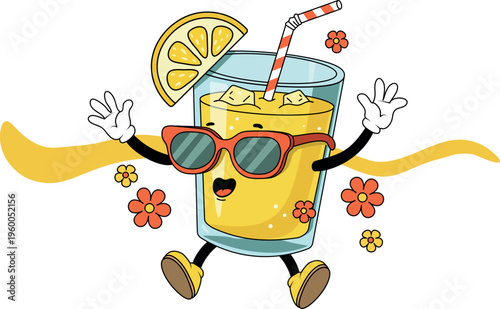 Cartoon Lemonade Glass Character with Sunglasses in Bright Colors in the Groovy Style