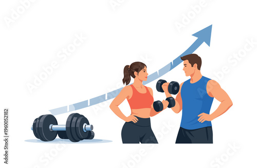 Strength building and consistent resistance training routine in a personal fitness context, represented by a pair of dumbbells combined with a simple upward progress arrow