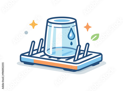 Placing a used glass upside down on a drying rack after washing as part of a daily kitchen routine focused on cleanliness and organization, a glass positioned on a simple rack with