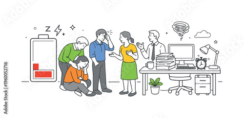 A workplace wellness and mental health scene focused on mental burnout caused by prolonged stress and workload pressure, where a small group recognizes exhaustion and seeks balance