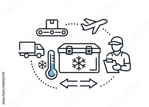 Food distribution workflow within a professional logistics environment aimed at maintaining freshness and quality throughout transit stages, a compact cargo box combined with a