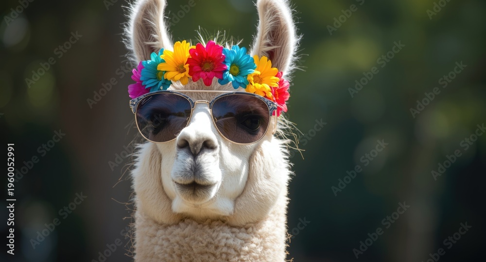 Obraz premium Friendly llama dressed in modern sunglasses and a rainbow flower crown in natural light