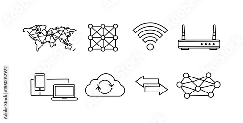 Global communication system: world map, network grid, wireless signal, router device, connected devices, cloud sync, data exchange arrows, digital connection lines