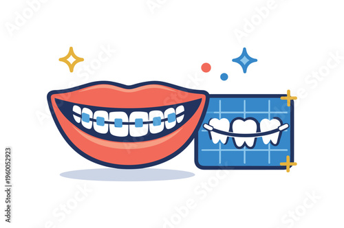 Orthodontic clinic service highlighting modern solutions for straightening teeth and enhancing smiles using advanced dental techniques, a smiling mouth icon paired with a small