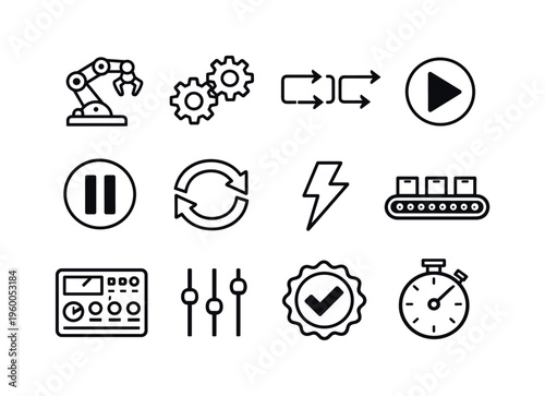 Process automation set: robot arm, gear system, workflow arrows, play button, pause button, repeat loop, trigger lightning bolt, conveyor belt, control panel, settings sliders