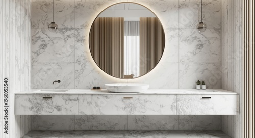 bathroom design with smooth marble surface and oversized round mirror in modern style