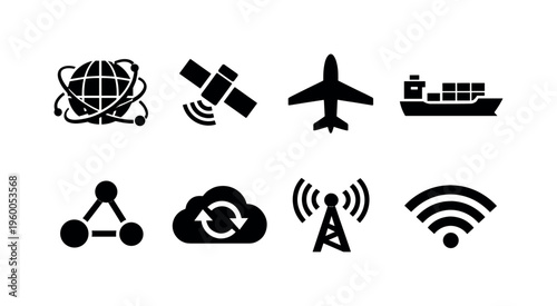 International connectivity: globe with links, communication lines, satellite, airplane, cargo ship, network nodes, cloud sync, signal waves