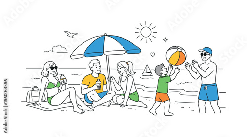 A leisure lifestyle scenario where people enjoy relaxing and engaging in various activities at the seaside during a sunny day, visualized through a small group interacting around a