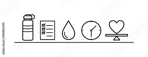 Hydration tracking and daily water intake habit for supporting health and maintaining consistent wellness routine, water bottle, checklist sheet, droplet, clock, and heart, balance