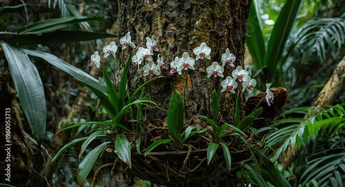 Fresh epiphytic orchids sprouting from rugged tree bark with vibrant jungle foliage around