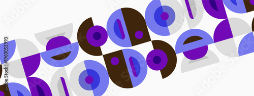 Abstract pattern features repeating circles, semicircles. Brown, blue, purple hues create modern design. Simple geometry dominates composition.