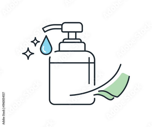Maintaining soap dispenser cleanliness and preventing residue buildup in bathroom or kitchen areas emphasizing small hygiene habits, a simple dispenser with a clean droplet and a
