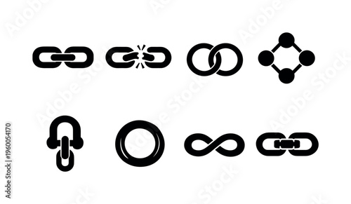 Chain link connection: chain link, broken chain, linked rings, connection nodes, anchor chain, metal loop, infinity link, secure link