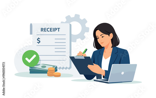 A digital invoice processing and automated billing workflow concept featuring a focused finance professional validating payments beside a simple receipt document and a minimal gear