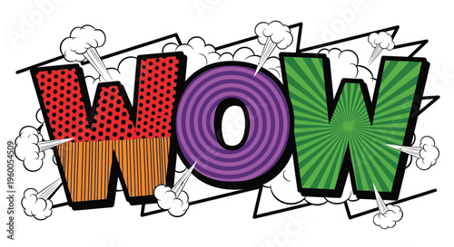 Vibrant comic book style illustration of the word wow in bold letters