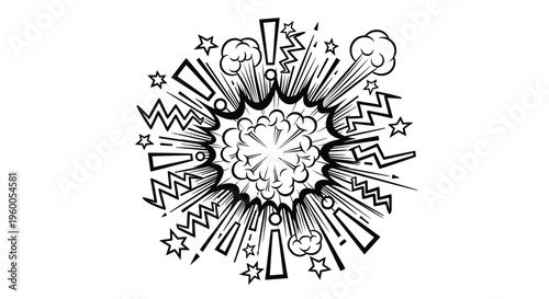 A black and white illustration of an explosion with stars and lightning bolts radiating from the center