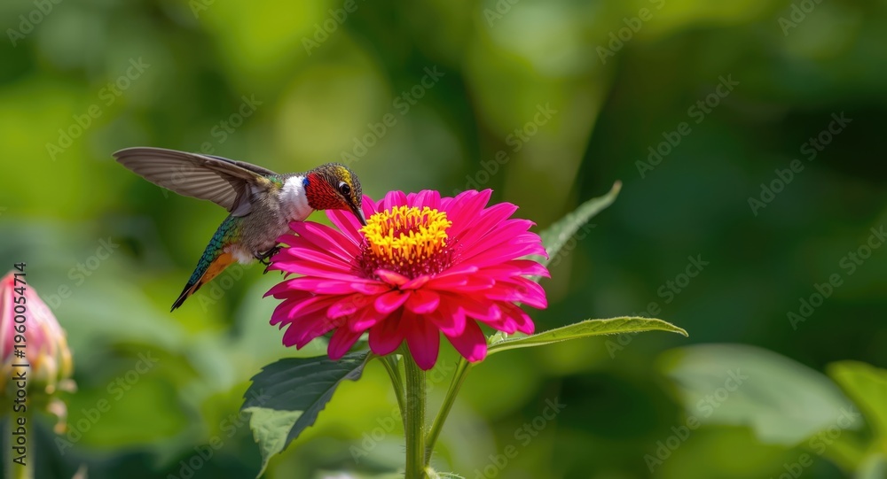 Naklejka premium Joyful hummingbird exploring a colorful flower in a sunlit garden scene