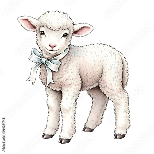 Charming Baby Lamb with a Light Blue Bow, a Symbol of Purity and Gentleness