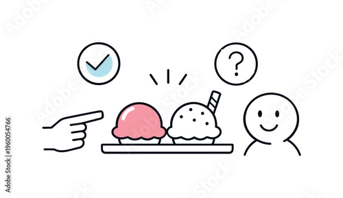 Customer choice and product variety in a modern dessert shop business context centered on appealing presentation and decision making, two different ice cream scoops on a minimal