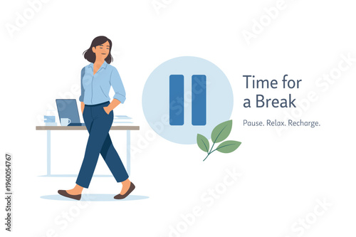 A digital wellbeing reminder and mindful break scheduling concept featuring a relaxed employee stepping away from tasks beside a simple pause icon and a minimal leaf element
