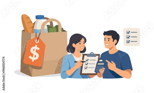 Efficient shopping planning and budget-conscious purchasing for daily needs, represented by a paper bag combined with a price tag and a minimal checklist icon, illustrating control