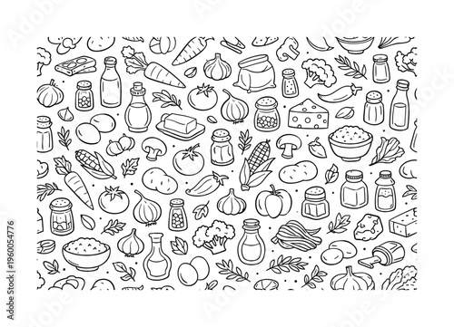 Basic cooking ingredients doodle pattern with carrot, tomato, onion, garlic, pepper, broccoli, mushroom, potato, corn, egg, cheese, butter, milk bottle, oil bottle, salt shaker