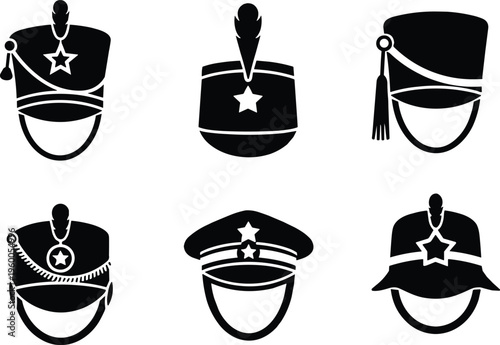 Military shako hat silhouettes, marching band headwear icons, nutcracker soldier caps, ceremonial uniform accessories, vector illustration flat design, architectural technical.