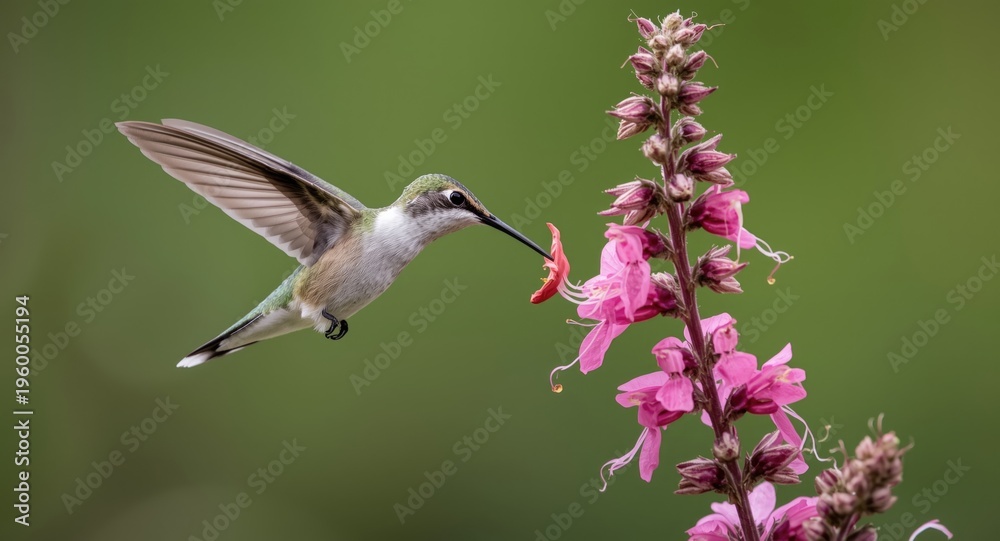 Naklejka premium Happy broad tailed hummingbird mid flight enjoying nectar from striking penstemon flowers
