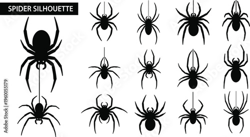 Spider silhouettes set with arachnids hanging on web threads, scary insect icons for Halloween and nature design, predatory garden bug graphics, vector illustration