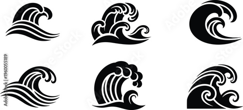 Six stylized ocean wave illustrations with varied crests, curves and foam patterns, bold black and white vector design set