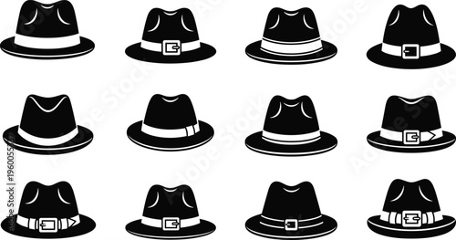 Vintage fedora hat silhouettes, classic mens headwear icons, detective style felt caps, retro fashion accessory vector illustration, flat design, formal.