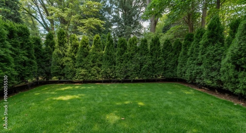 Private backyard with cedar hedge trees and flourishing green grass for serene moments