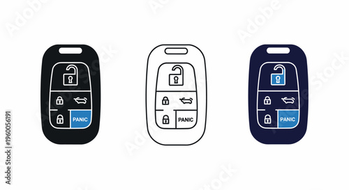 Car Key Fob Icon Set Black Outline Blue Isolated on White Background Vector Illustration