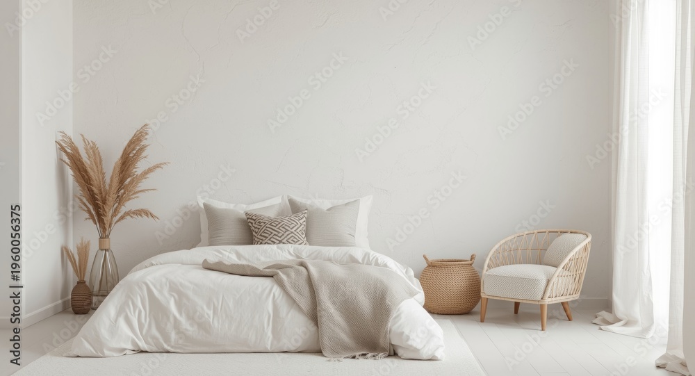 Fototapeta premium Relaxing bedroom with patterned pillows on bed and armchair surrounded by white boho decor