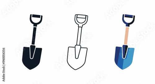 Shovel Icon Set Silhouette, Outline, and Flat Design Styles Isolated on White
